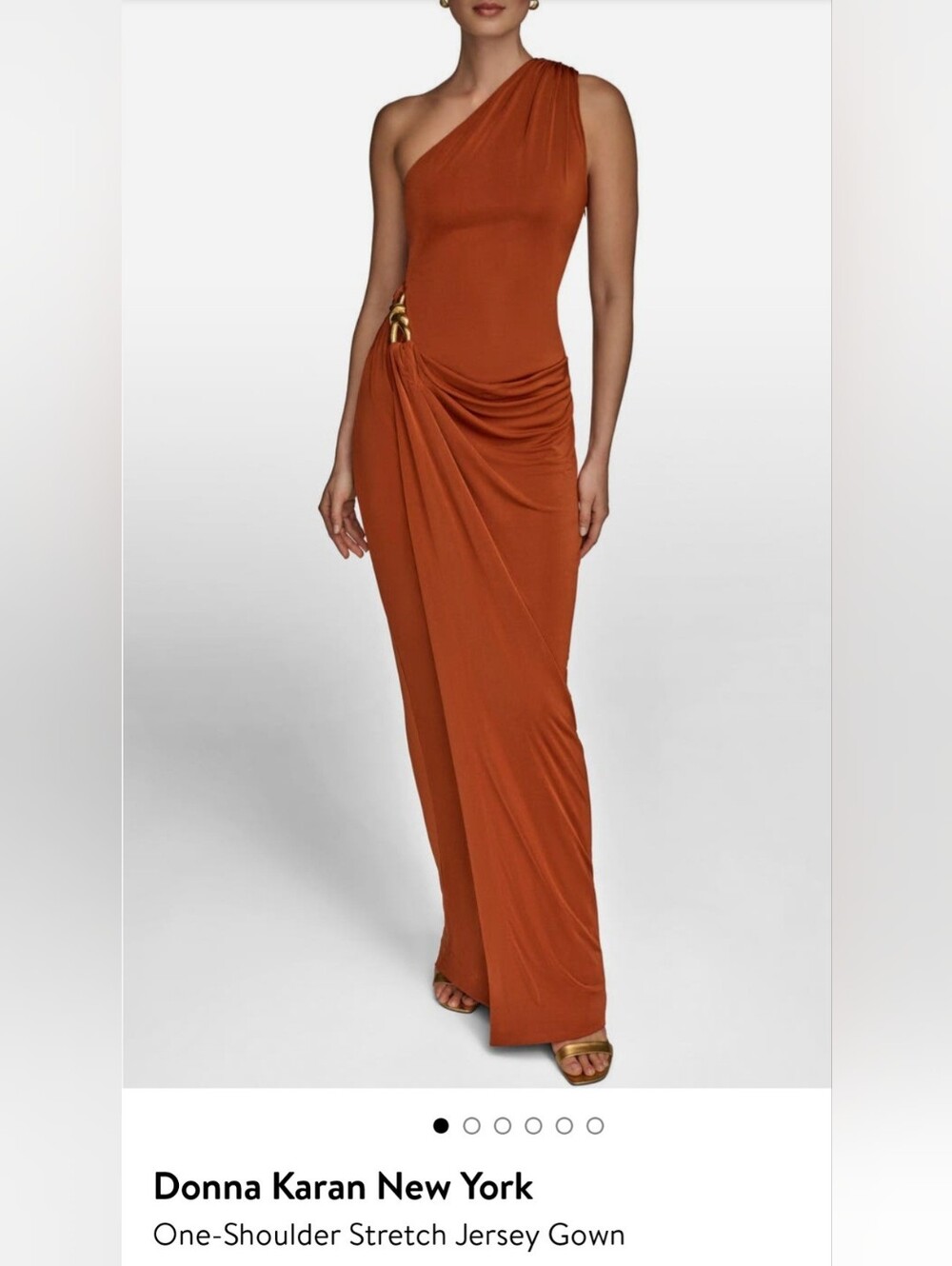 Donna Karan One-Shoulder Rust Maxi Gown with Gold Ring